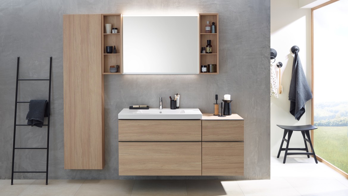 Espace lavabo aménagé avec des meubles de la collection Geberit iCon Espace lavabo aménagé avec des meubles de la collection Geberit iCon
