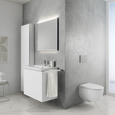 Ligne Geberit iCon pour salle de bains dans une salle de bains grise et blanche