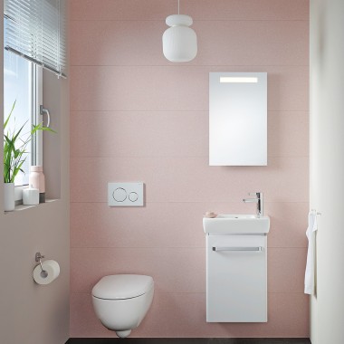 Petite salle de bains d’invités dotée d’un lave-mains et d’un WC suspendu Renova Compact Petite salle de bains d’invités dotée d’un lave-mains et d’un WC suspendu Renova Compact