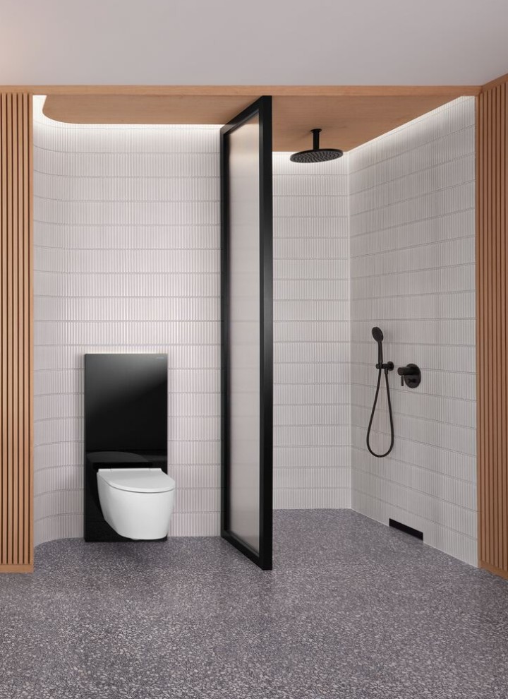 Salle de bains avec mur en bois, espace douche et WC