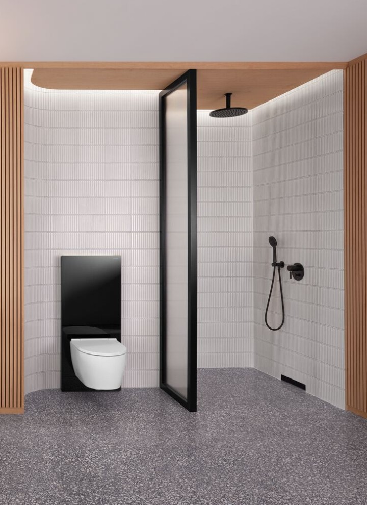 Douche au design italien sophistiqué, avec possibilité d'intégrer un banc intégré et niche de rangement Douche au design italien sophistiqué, avec possibilité d'intégrer un banc intégré et niche de rangement