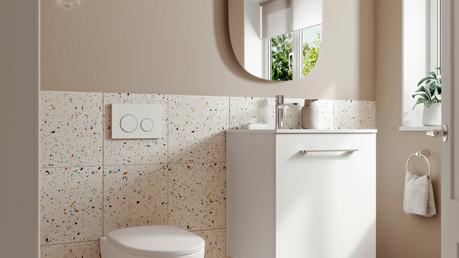 Petite salle de bains Geberit Selnova avec WC suspendu et lavabo Petite salle de bains Geberit Selnova avec WC suspendu et lavabo