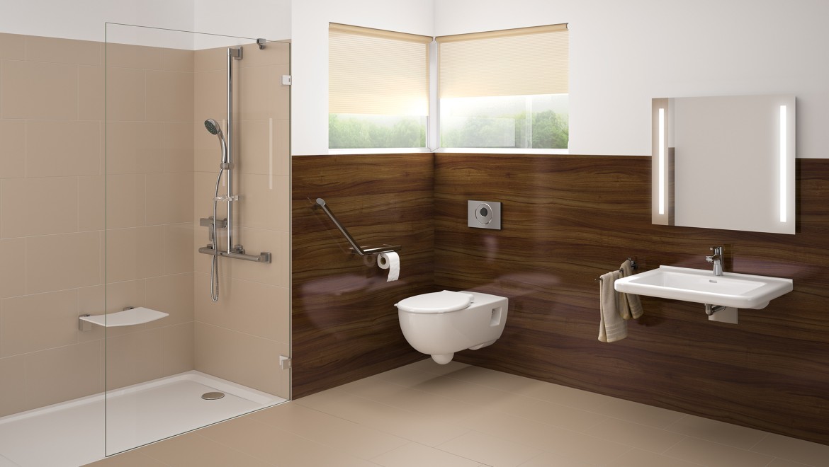 Salle de bains adaptée PMR avec lavabo, WC et douche de plain-pied