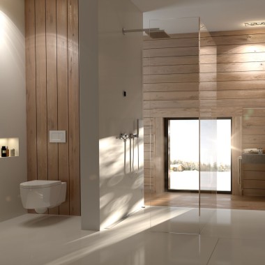 Salle de bains Geberit dotée de panneaux en bois