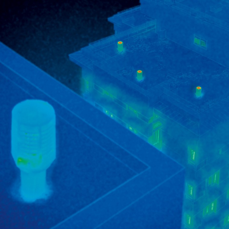 Image thermique de conduites d'évacuation ouverte vers le haut équipées ou pas de la soupape de retenue d'énergie Geberit SRE Image thermique de conduites d'évacuation ouverte vers le haut équipées ou pas de la soupape de retenue d'énergie Geberit SRE