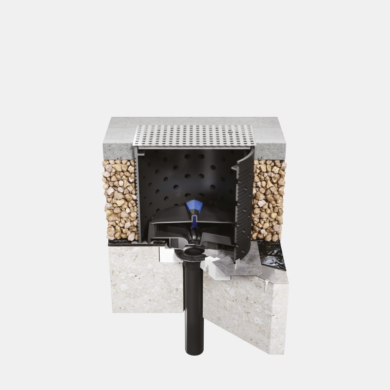 Installation de Geberit Pluvia sur un toit en béton praticable avec une feuille de toit bitumée Installation de Geberit Pluvia sur un toit en béton praticable avec une feuille de toit bitumée