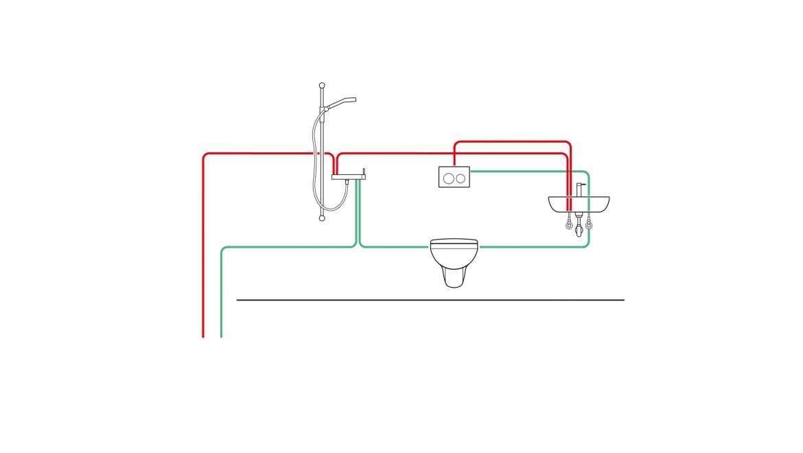 Exemple de canalisation avec un réservoir encastré à intervalles contrôlés avec unité de rinçage hygiénique