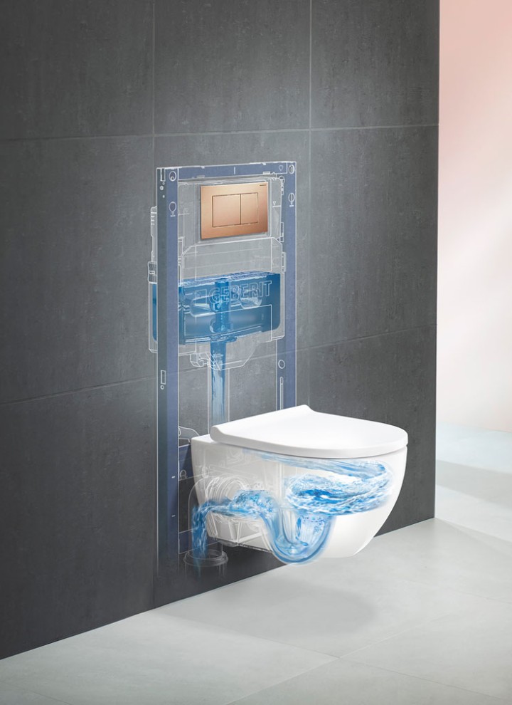 Système de WC Geberit avec WC Acanto TurboFlush et plaque de déclenchement Geberit Sigma40 Système de WC Geberit avec WC Acanto TurboFlush et plaque de déclenchement Geberit Sigma40