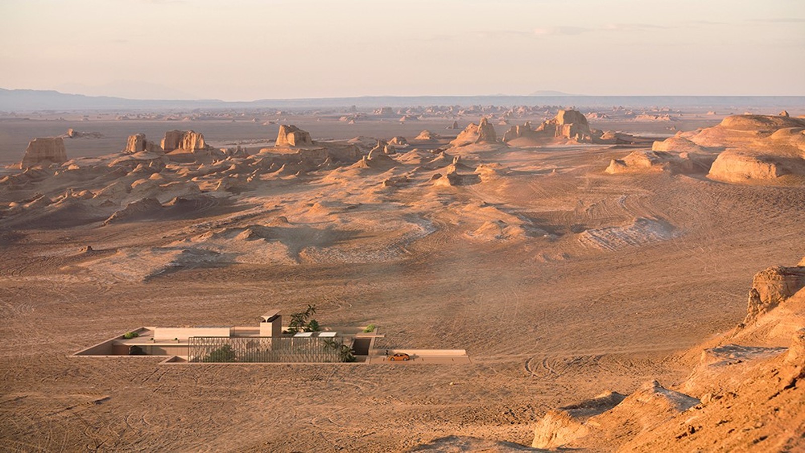 La maison H.O.M.E. 2022 dans le désert. Le badguir traditionnel, un « attrape-vent », sort du sol comme une sculpture majestueuse (©Bloomrealities/HTA pour la maison H.O.M.E. 2022)