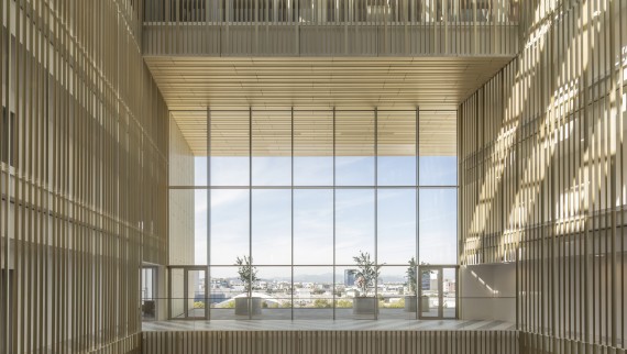 L’atrium est habillé de profilés en aluminium doré, dont les reflets changent en fonction de la position du soleil (© Ana Skobe)