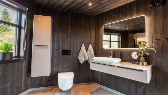La salle de bains est également revêtue de bois et, outre les WC lavants AquaClean MaIra, divers autres produits Geberit sont installés devant le mur (© Geberit)