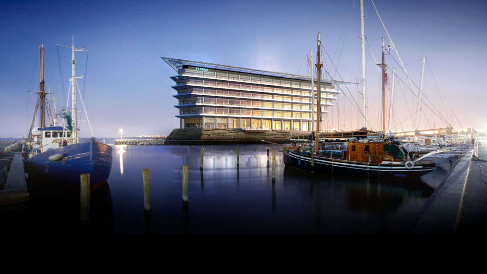 Vue imprenable sur le détroit de l’Oresund entre Copenhague et Malmö : le nouveau siège social de Ferring Pharmaceuticals.(© Foster&Partners)