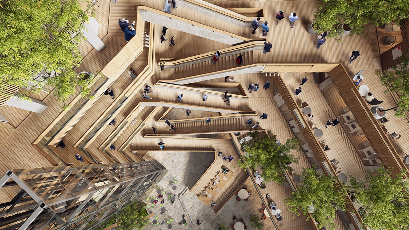 L’atrium, une cour intérieure autour de laquelle des escaliers et des ascenseurs mènent aux étages supérieurs, est le cœur du nouveau siège. (© Foster&Partners)