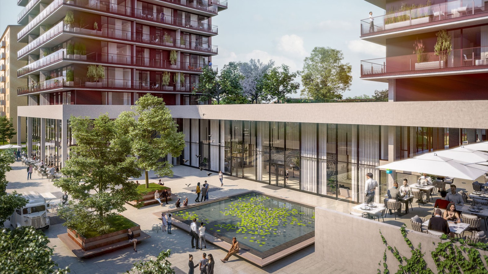 Au rez-de-chaussée, les trois tours sont reliées entre elles. © Soravia