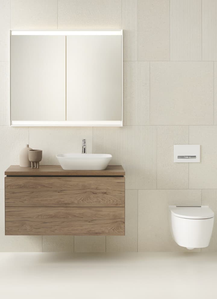 Vasque à poser Geberit ONE et meuble bas en noyer hickory, plus WC (© Geberit) Vasque à poser Geberit ONE et meuble bas en noyer hickory, plus WC (© Geberit)