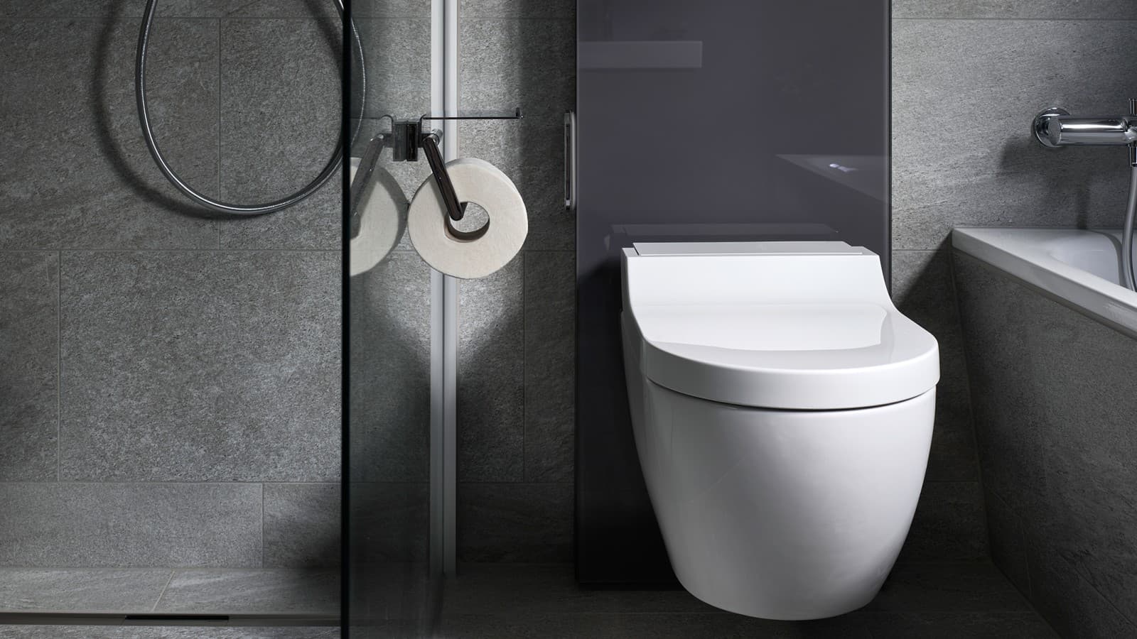 Le panneau sanitaire Geberit Monolith avec WC lavant Geberit AquaClean Tuma Le panneau sanitaire Geberit Monolith avec WC lavant Geberit AquaClean Tuma