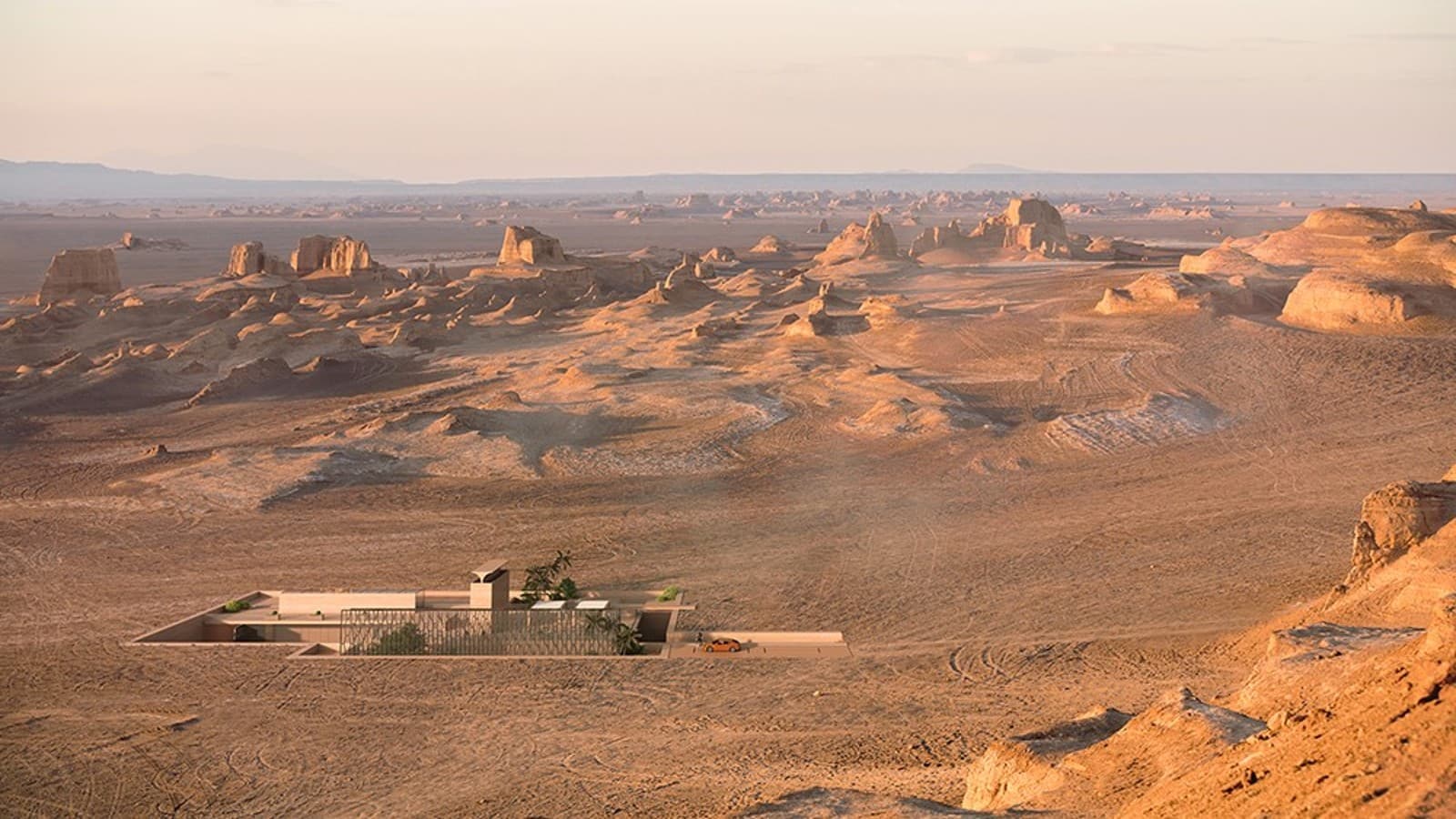 La maison H.O.M.E. 2022 dans le désert. Le badguir traditionnel, un « attrape-vent », sort du sol comme une sculpture majestueuse (©Bloomrealities/HTA pour la maison H.O.M.E. 2022) La maison H.O.M.E. 2022 dans le désert. Le badguir traditionnel, un « attrape-vent », sort du sol comme une sculpture majestueuse (©Bloomrealities/HTA pour la maison H.O.M.E. 2022)
