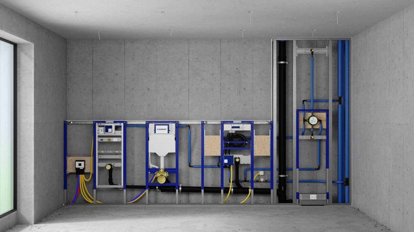 Mur d'installation avec éléments Geberit Duofix pour urinoir, WC, lavabo et douche Mur d'installation avec éléments Geberit Duofix pour urinoir, WC, lavabo et douche