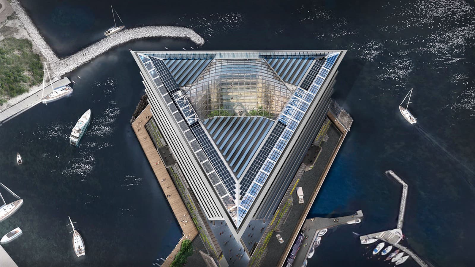 La structure triangulaire du toit et son dôme en verre doivent résister au vent et aux intempéries malgré leur emplacement exposé. (©Foster&Partners) La structure triangulaire du toit et son dôme en verre doivent résister au vent et aux intempéries malgré leur emplacement exposé. (©Foster&Partners)