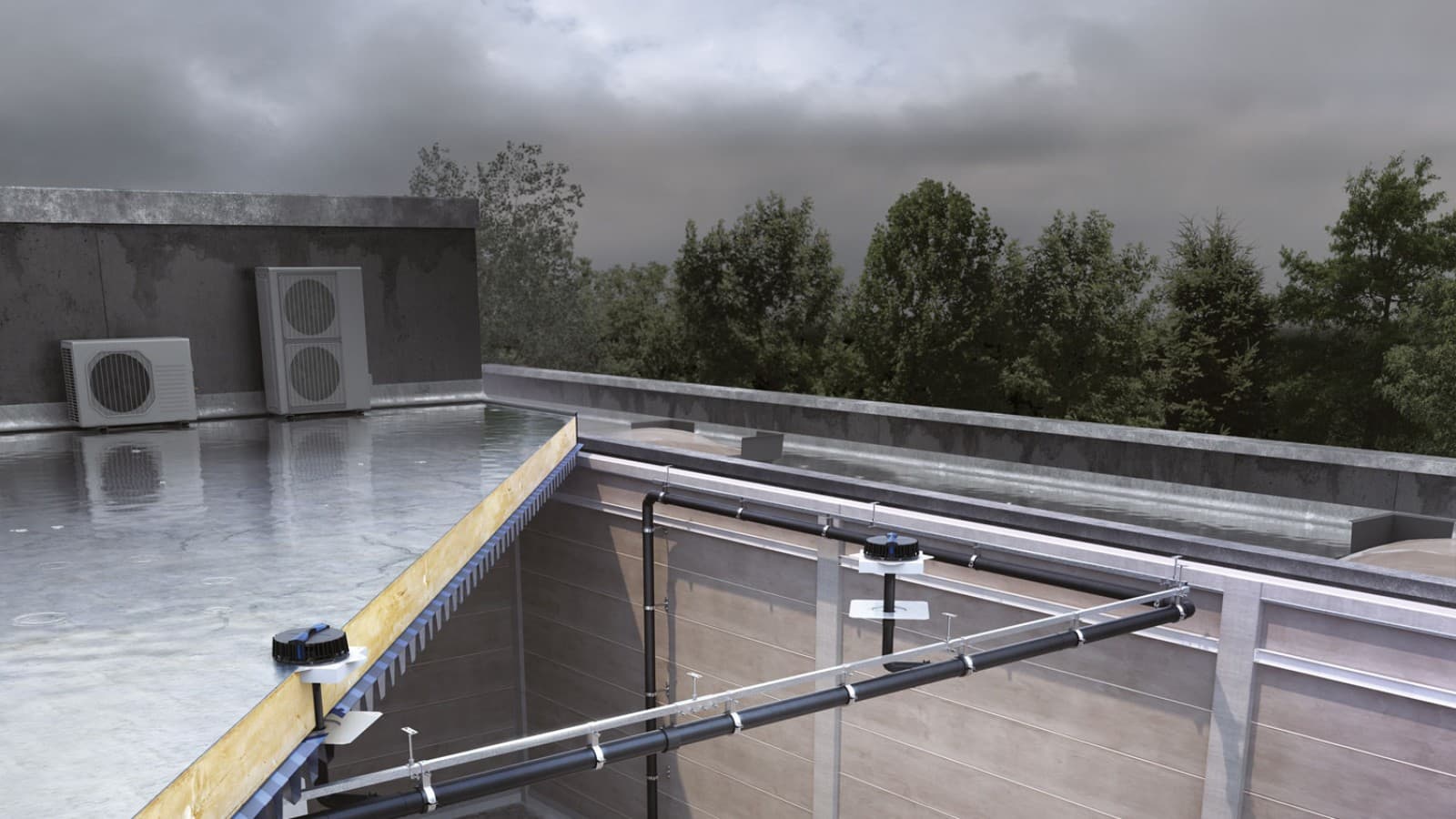 Le système d’évacuation des toitures Pluvia peut évacuer les eaux pluviales des trois tours avec relativement peu d’éléments d’entrée. © Geberit Le système d’évacuation des toitures Pluvia peut évacuer les eaux pluviales des trois tours avec relativement peu d’éléments d’entrée. © Geberit