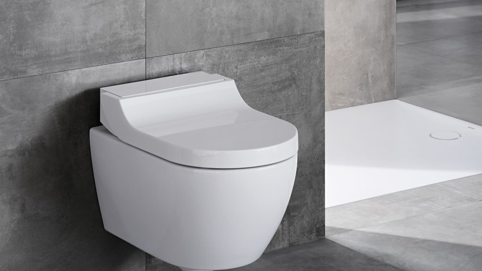 WC lavant Geberit AquaClean Tuma Classic dans une salle de bain grise WC lavant Geberit AquaClean Tuma Classic dans une salle de bain grise
